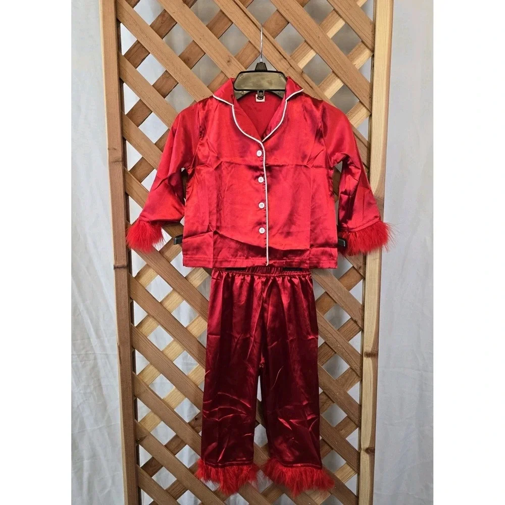 NEW Toddler Satin Pajama Set - Feather‎ Trim Shirt, Pants - Red - Size Ages 2-3
